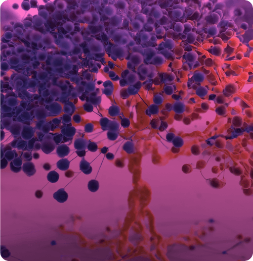Close-up of an abstract molecular structure with purple spheres connected by thin rods on an orange and pink background.