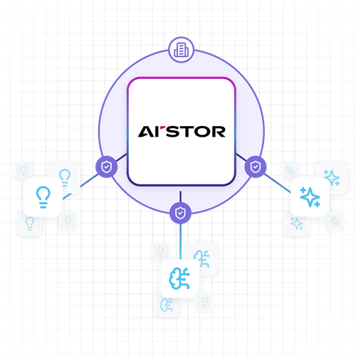 AI’STOR logo in center connected to icons of lightbulbs, brain circuits, and sparkles, representing innovation, AI, and quality.