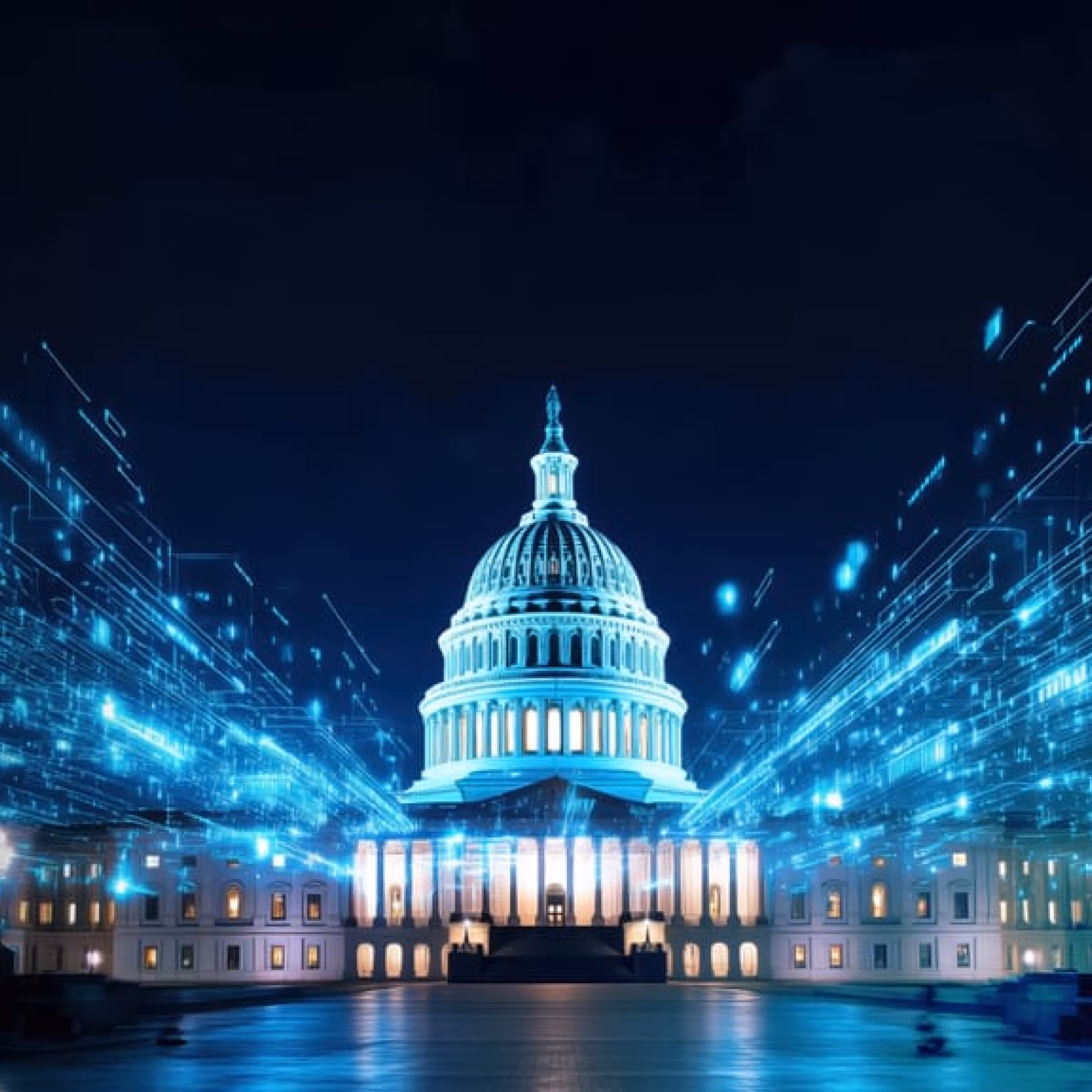 Illuminated United States Capitol building at night with digital blue light trails extending from both sides.