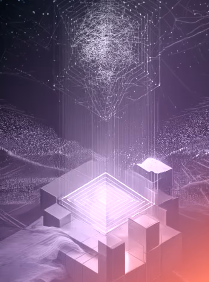 Abstract digital artwork with glowing geometric cubes and interconnected network lines on a purple and orange gradient background.