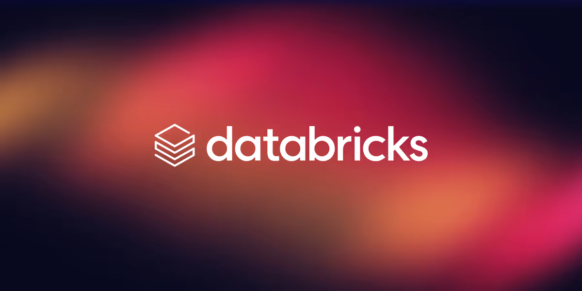 Databricks logo with a stack of three squares icon on a dark blurred red and orange background.