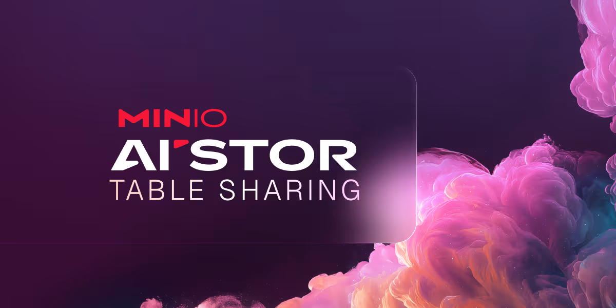 MINIO AI Storage Table Sharing logo on a dark purple and pink cloud-like abstract background.