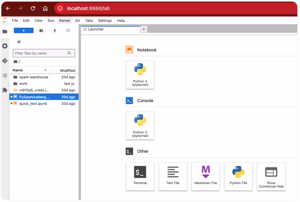 JupyterLab interface showing file browser with folders and files on the left, and launcher with options to create Python 3 notebook, console, terminal, text file, markdown file, Python file, and contextual help on the right.