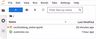 File explorer showing two files named csv2iceberg_aistor.ipynb and customer.csv with last modified times.