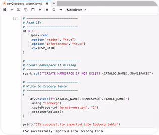 Code snippet in a Jupyter notebook showing PySpark commands to read a CSV, create a namespace, and write to an Iceberg table, with a success message printed below.