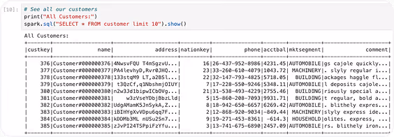 Screenshot of Python code printing the first 10 customers from a database with columns for custkey, name, address, nationkey, phone, acctbal, and market segment, followed by a table displaying sample customer data.