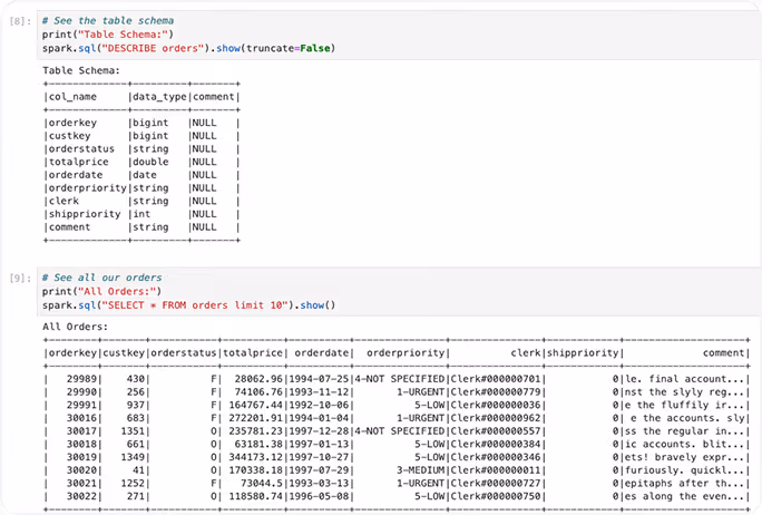 Code snippet showing a Spark SQL command to describe the schema of the 'orders' table with columns like orderkey, custkey, orderstatus, totalprice, orderdate, orderpriority, clerk, shippriority, and comment; followed by a query displaying the first 10 records from the 'orders' table with sample data.