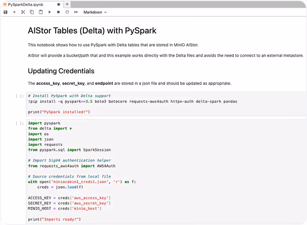 Jupyter notebook titled 'AlStor Tables (Delta) with PySpark' showing Python code to install PySpark, import necessary libraries, and load MinIO AlStor credentials from a JSON file.