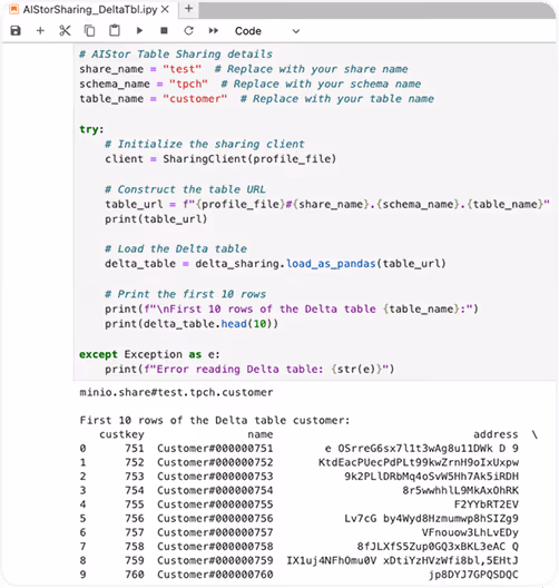Python code snippet for sharing a Delta table with sections for setting share, schema, and table names, initializing a client, constructing the table URL, loading the table with pandas, and printing the first 10 rows; followed by a console output showing the first 10 rows of a Delta table with columns custkey, name, and address.
