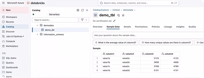 Databricks interface displaying Catalog pane with 'demo_tbl' table selected and a Sample Data view showing four rows with columns named column1 to column4.