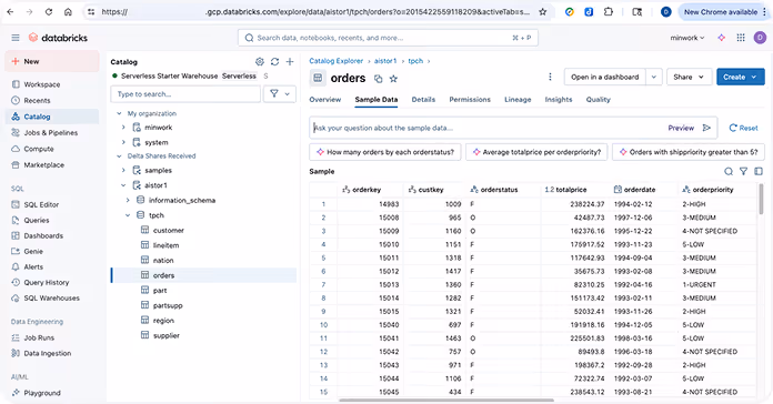 Databricks workspace interface displaying a catalog and a sample data table named 'orders' with columns such as orderkey, custkey, orderstatus, totalprice, orderdate, and orderpriority.