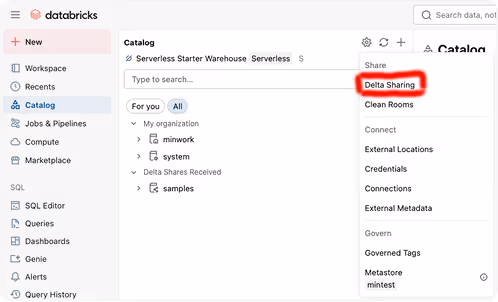 Databricks interface showing Catalog pane with Delta Sharing option highlighted in dropdown menu under Share.