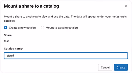 Dialog box titled 'Mount a share to a catalog' with options to create a new catalog or mount to an existing catalog, showing 'Create a new catalog' selected, a share named 'test', and a text field with 'aistot' entered for the catalog name, plus Cancel and Create buttons.