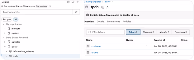 Screenshot of a data catalog interface showing the tpch database with two tables named customer and orders, listing owners and creation dates.