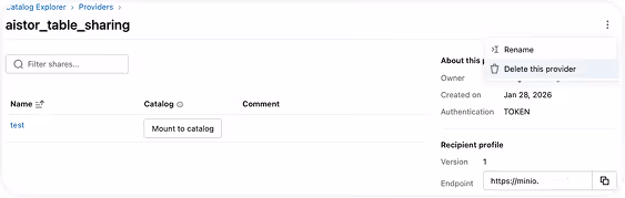 User interface showing a table named 'aistor_table_sharing' with one share entry named 'test' and a menu open with options to Rename or Delete the provider.