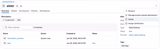 Catalog Explorer interface showing the 'aistor' catalog with two schemas named 'information_schema' and 'tpch', both created on January 28, 2026 by System user.