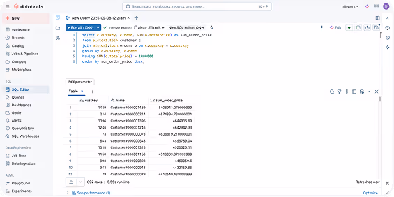 Databricks SQL Editor showing a query calculating total price by customer with results table displaying customer IDs and summed order prices.
