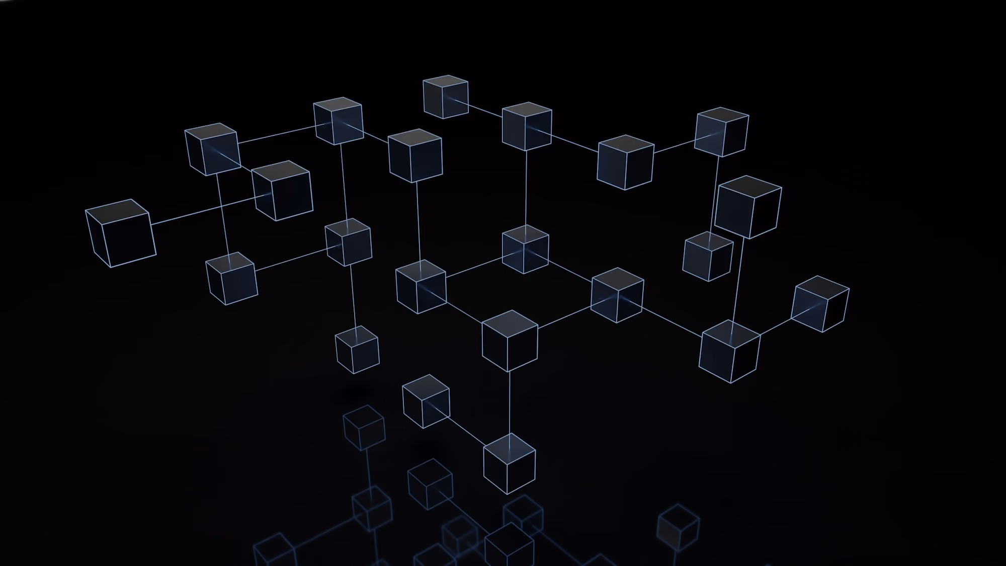 3D network of transparent cubes connected by thin lines on a black background with reflection.
