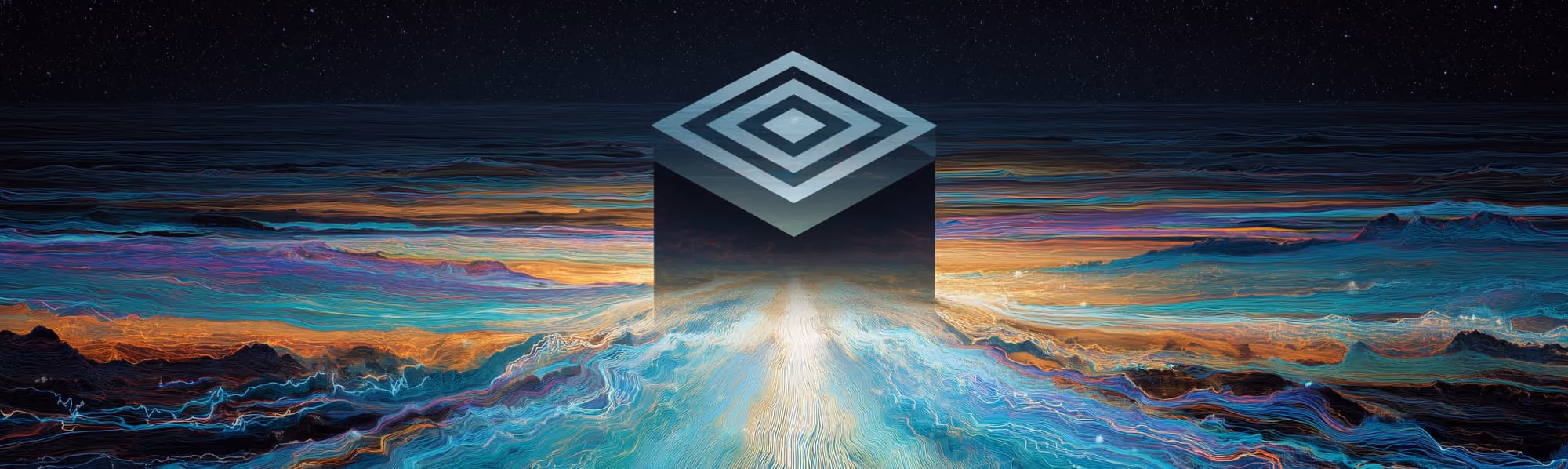 Abstract cube with concentric diamond patterns floats above colorful, flowing, wave-like terrain under starry sky.