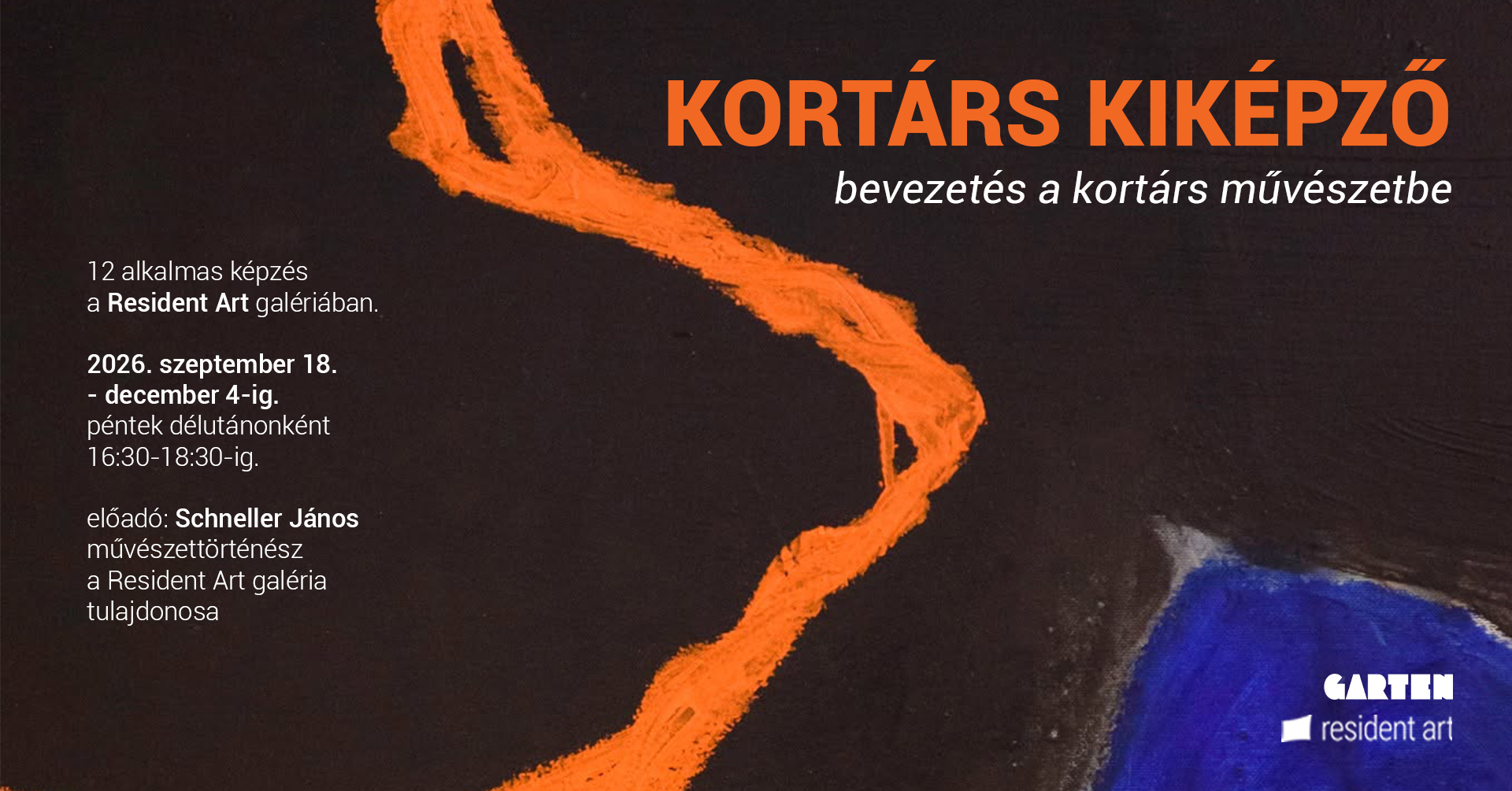 Kortárs kiképző képzés poszter barna háttéren narancssárga és kék absztrakt mintákkal.