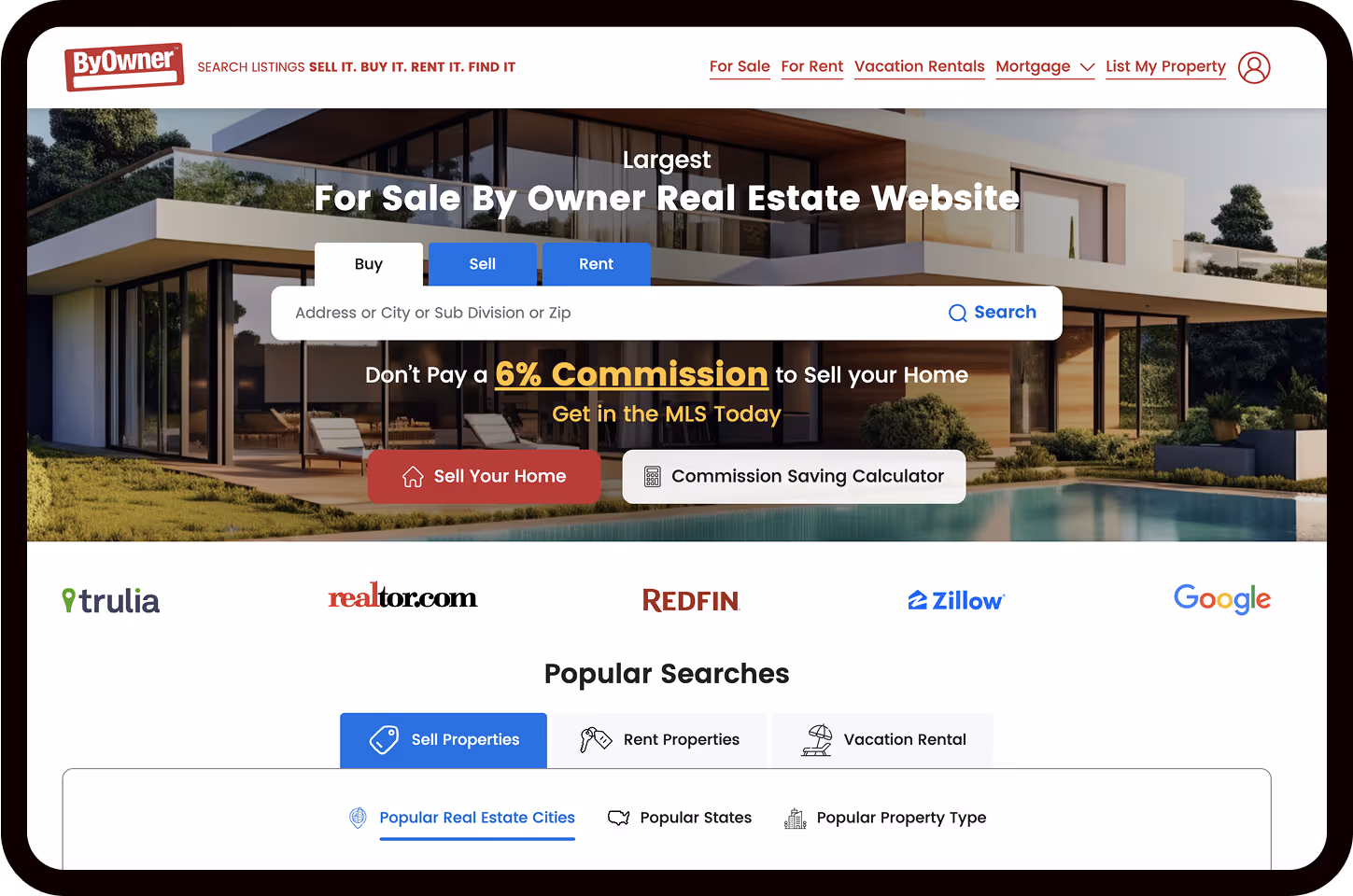 Homepage of ByOwner real estate website featuring a modern house, property search bar, and highlighted message about 6% commission savings.