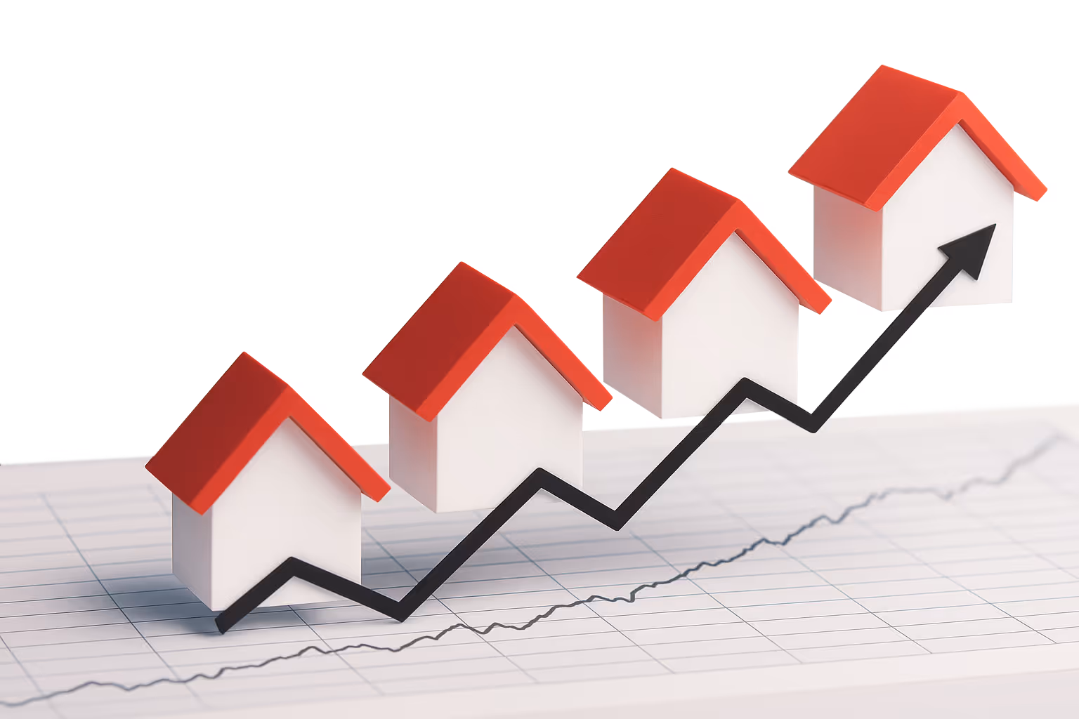 Four rising house icons on a chart with an upward arrow, symbolizing increasing real estate prices or market growth.
