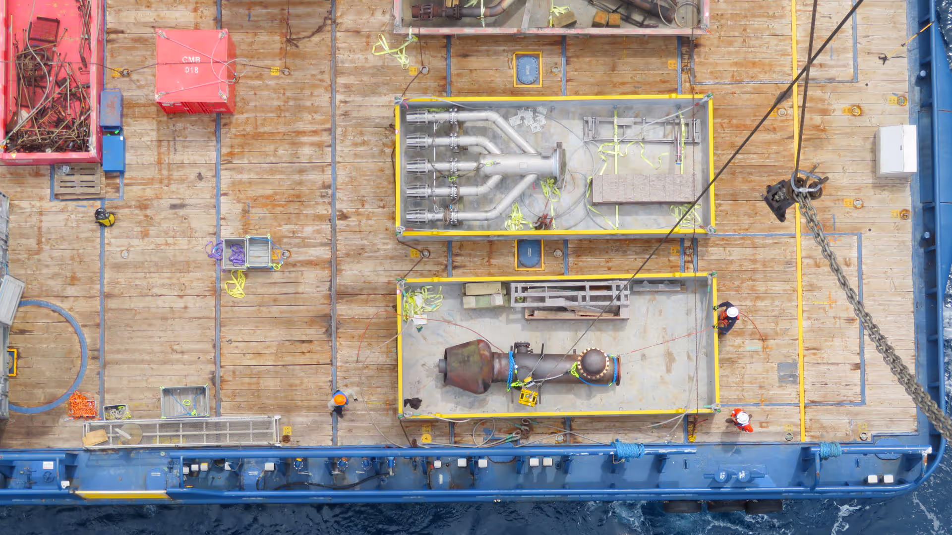 The supply vessel with the old flare tip and the new one to be installed on top of the flare tip
