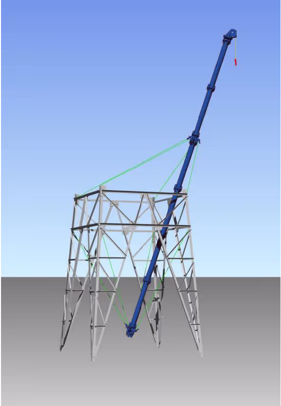 An offshore telecom tower being dismantled using Conbit’s floating gin pole, demonstrating innovative offshore decommissioning techniques with lifting gantries and rope access, eliminating the need for large crane vessels.