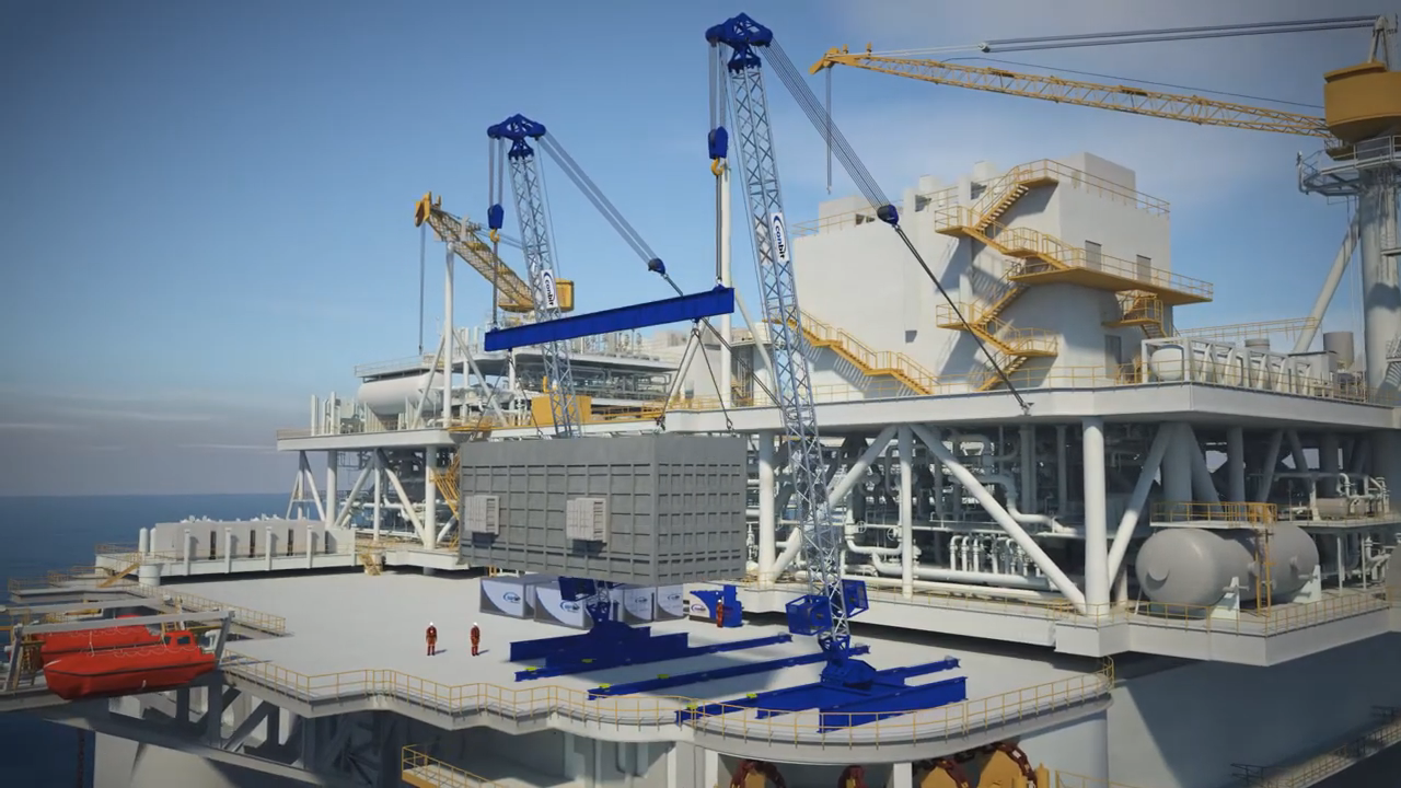 The SL900L Double Boom Lifting System lifting a 275-ton load at an offshore site. Its robust design and certified safety make it a reliable choice for various offshore lifting tasks, including those on FPSOs and offshore substations.