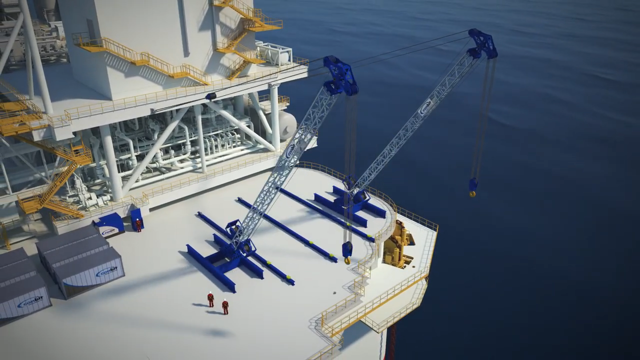 The SL900L Double Boom Lifting System positioned on an offshore platform. Its robust design and functionality ensure it meets the diverse needs of different offshore operations, including those on FPSOs and offshore substations.