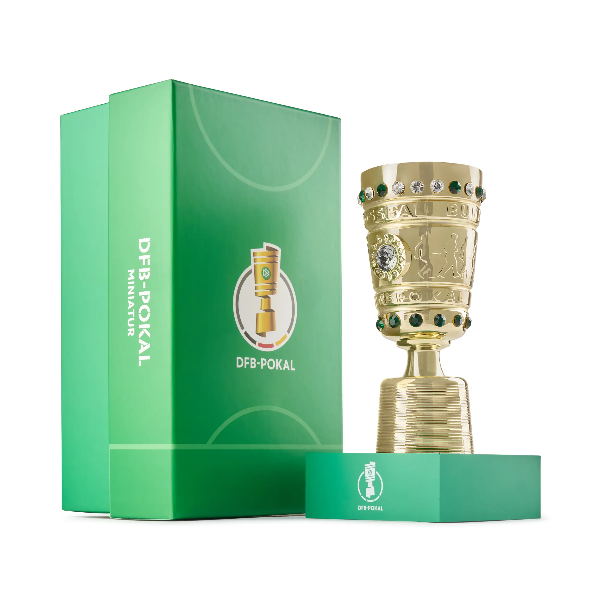 DFB-Pokal Miniatur Trophäen-Replika mit grünen und weißen Schmucksteinen in offizieller Geschenkverpackung – offizielles Lizenzprodukt des Deutschen Fußball-Bundes