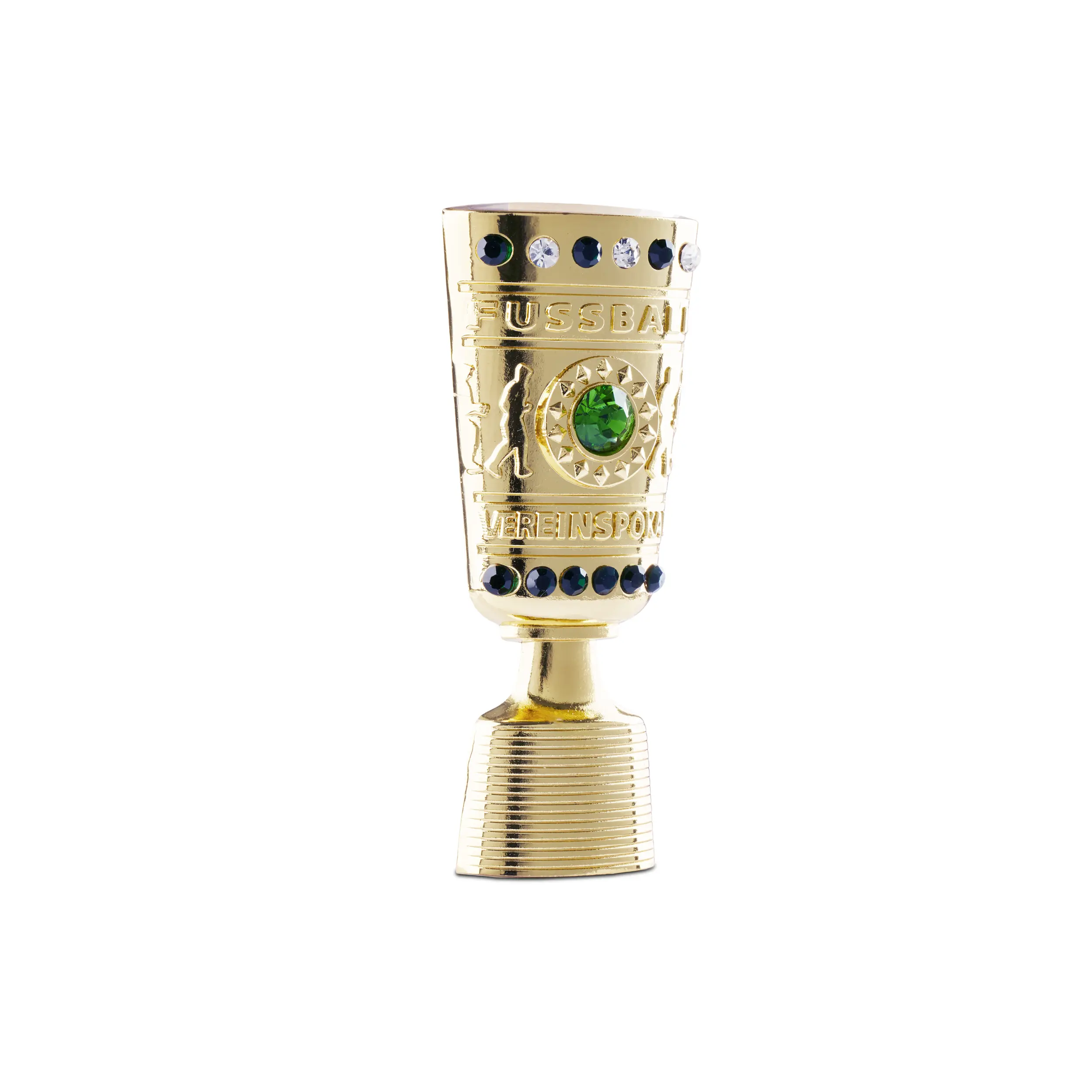 Detailaufnahme der DFB-Pokal Trophäen-Replika mit grünem Mittelstein, blauen und weißen Schmucksteinen sowie Reliefdetails – offizielles Lizenzprodukt des Deutschen Fußball-Bundes