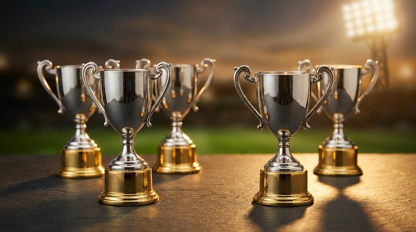 A row of trophy replicas on a table with a blurred stadium backdrop, representing the craftsmanship behind official trophy production