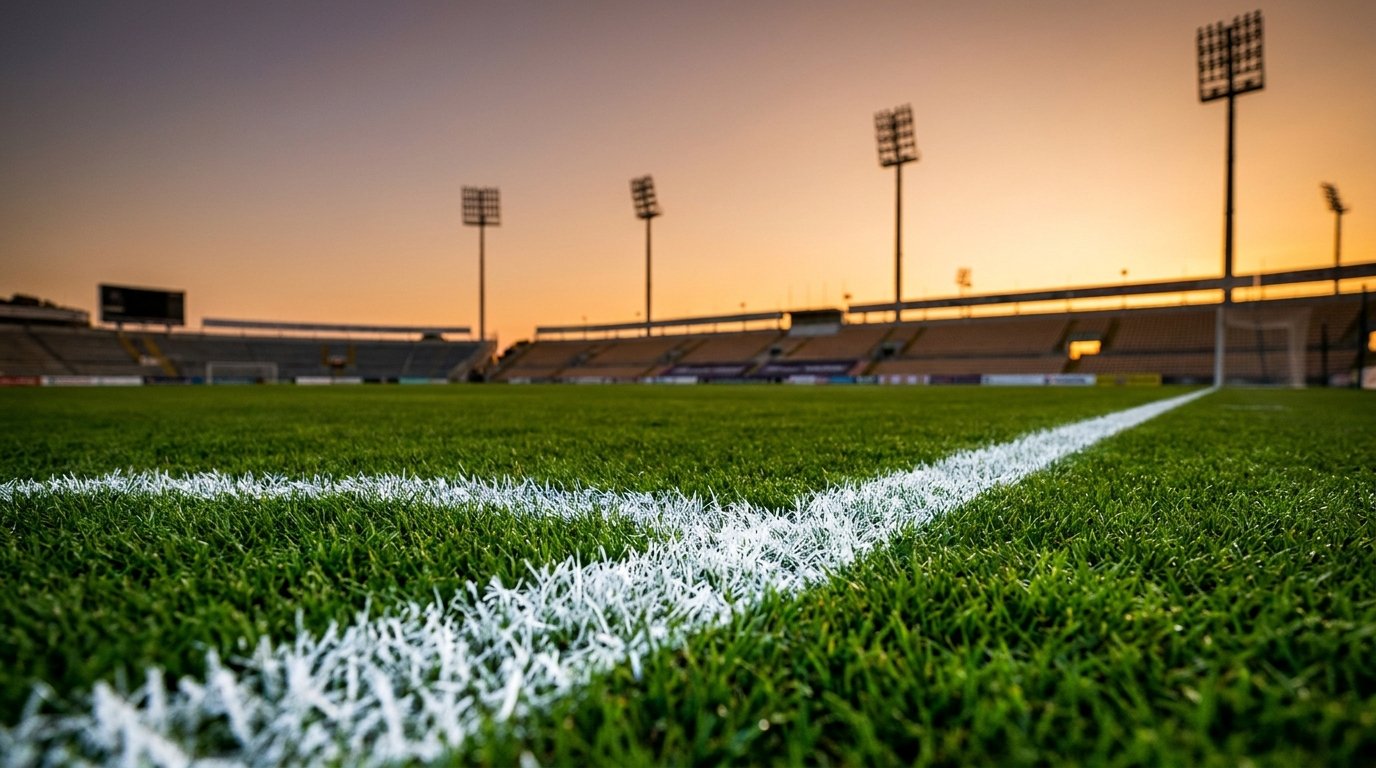An empty floodlit pitch at dusk with crisp touchline markings, symbolizing the precision to expect from a great merchandise manufacturing partner