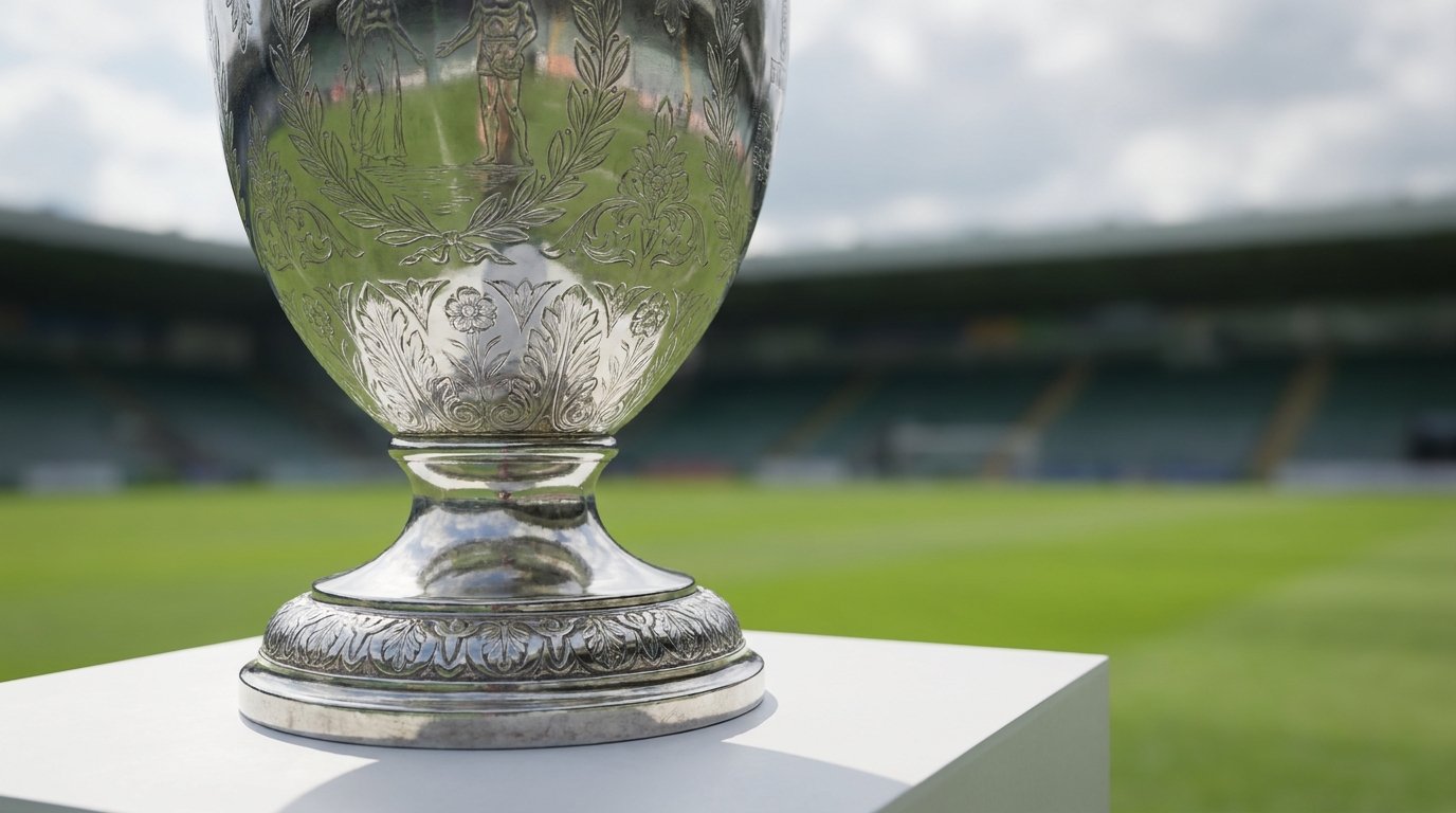 A large engraved silver championship trophy on a white pedestal with a blurred stadium pitch and stands in the background, representing the craftsmanship behind official trophy replicas