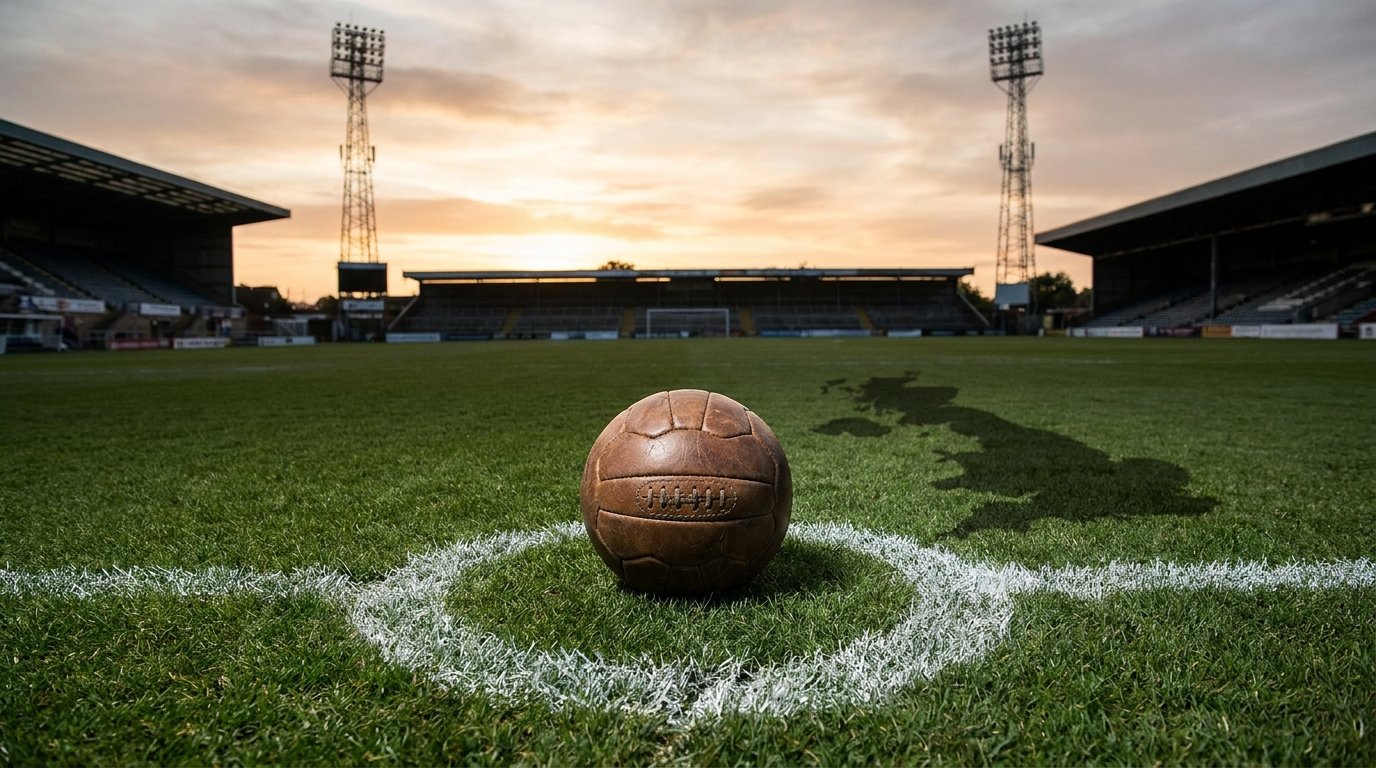 A vintage leather football resting on a stadium pitch at dusk, its shadow cast in the shape of the United Kingdom across the grass