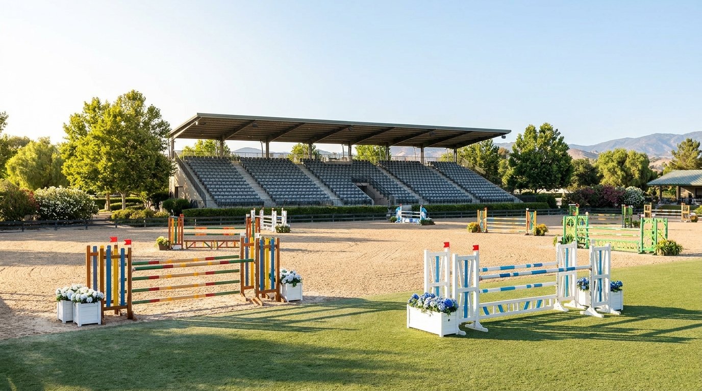 Eine leere Springreit-Arena mit bunten Hindernissen und überdachter Tribüne im Sommerlicht