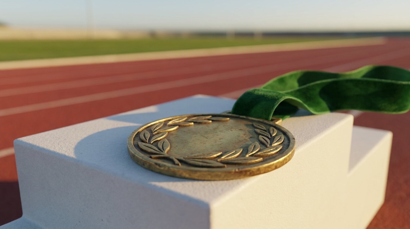 Custom medal in antique gold with a laurel relief and green ribbon on a white podium beside a running track