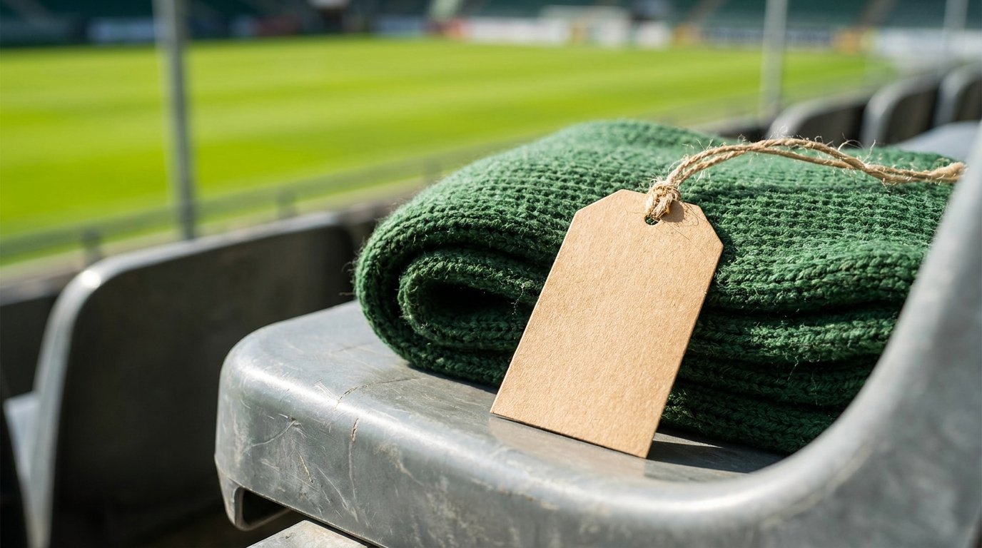Grüner Merchandise-Strickschal mit leerem Hangtag aus Kraftpapier auf einem grauen Stadionsitz, dahinter unscharf das Spielfeld