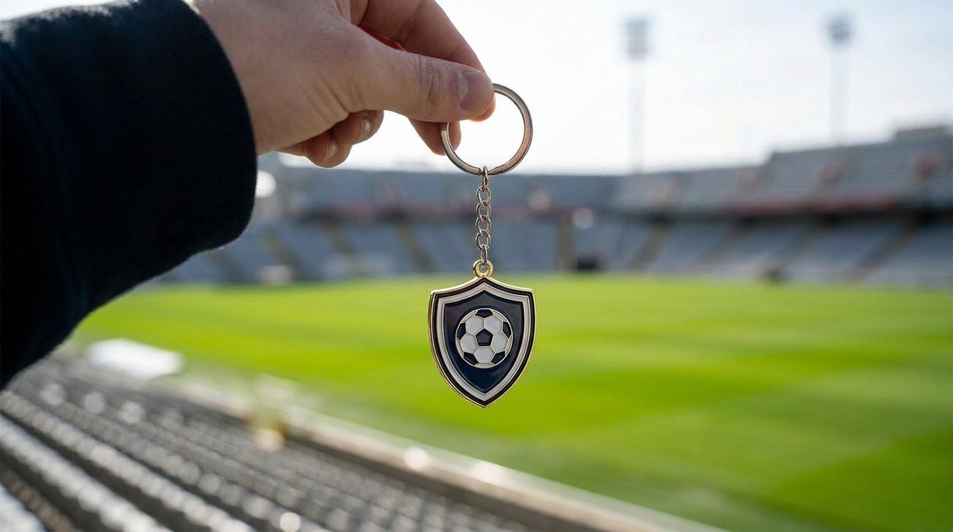 Custom metal keyring with a navy enamel shield and a football motif, held up in front of an empty stadium