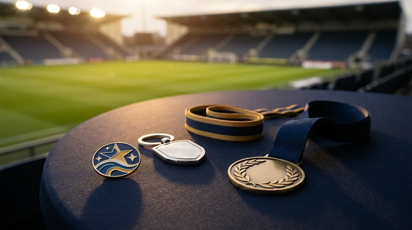 Event merchandise for a tournament: enamel pin, keyring, lanyard and medal on a table beside an empty stadium at dusk