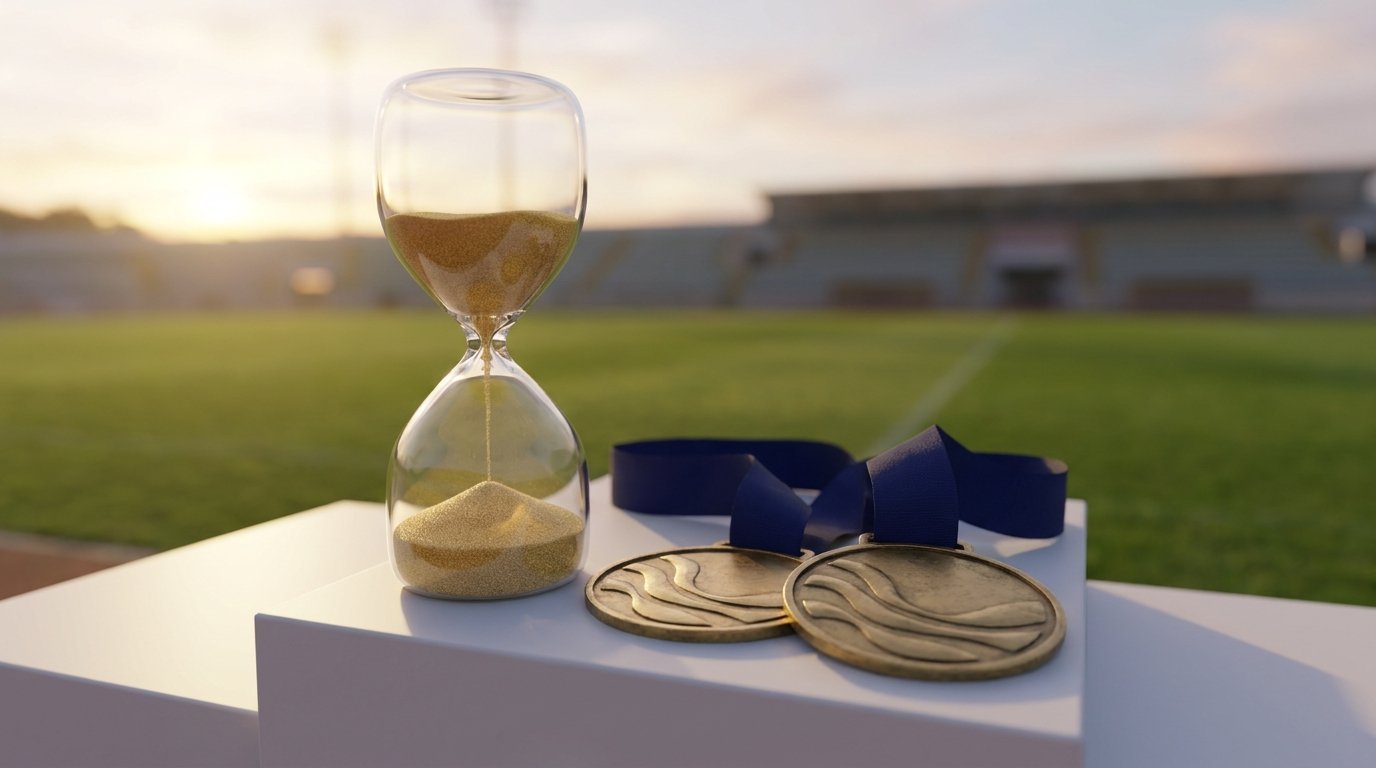 Hourglass with running sand beside two custom medals with navy ribbons on a white podium step in an empty stadium