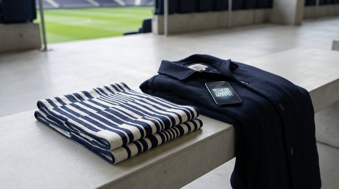 Gefaltete Strickschals und Vereinsjacke mit leerem Webetikett neben einem Smartphone mit abstraktem Code