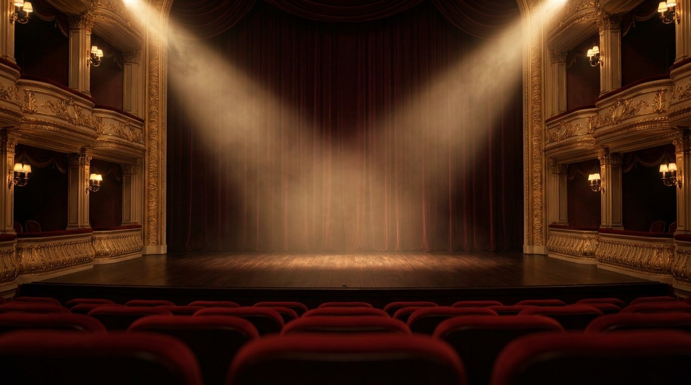 Leere Theaterbühne mit goldenen Scheinwerfern und roten Samtsitzen vor einer Preisgala wie dem Ballon d'Or
