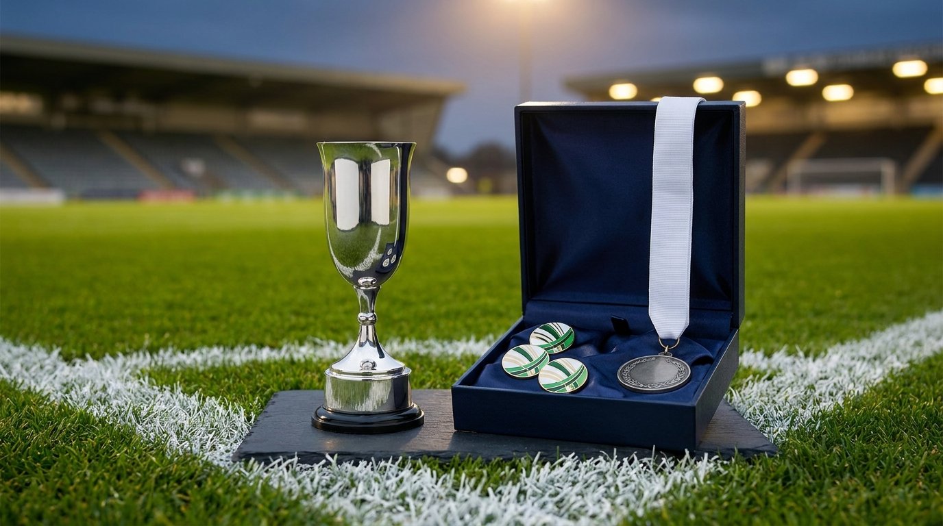 Erfundene silberne Pokalreplik auf dunklem Steinsockel neben dunkelblauer Geschenkbox, Emaille-Pins und Medaille mit weißem Band auf dem Fußballrasen in der Dämmerung