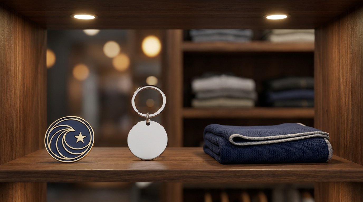 Club shop shelf with a navy enamel pin, a metal keyring and a folded navy scarf under warm spotlights