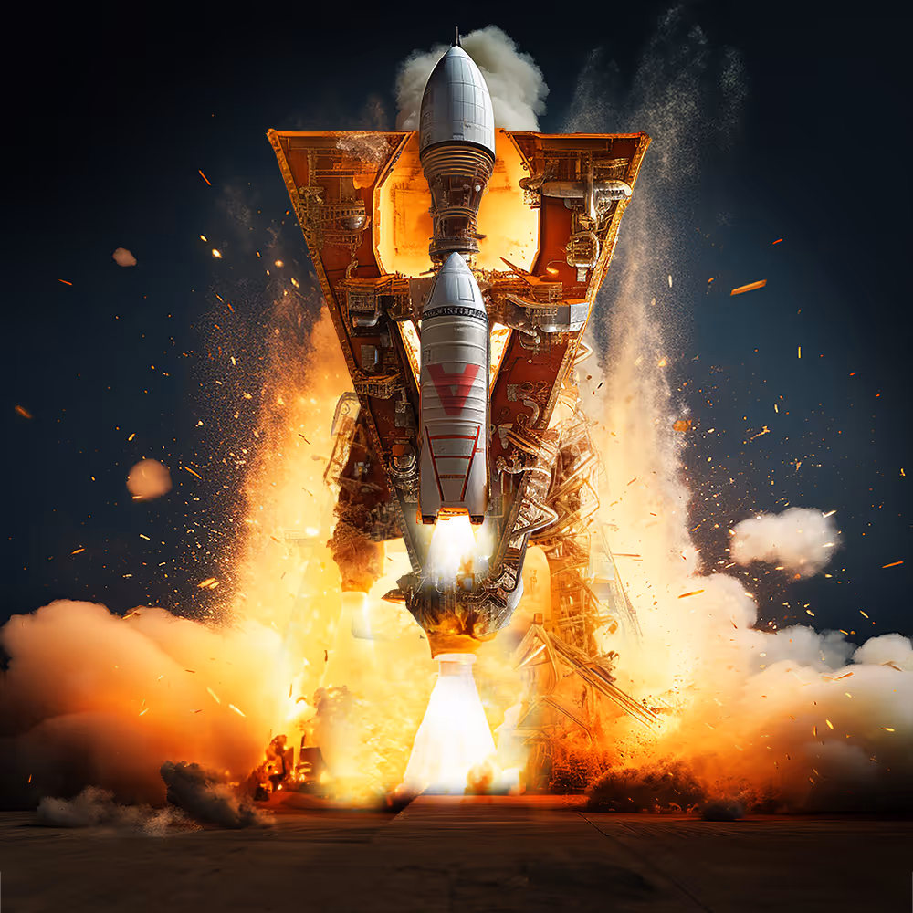 Rocket launching with bright flames and smoke against a dark sky, showing detailed booster structure.