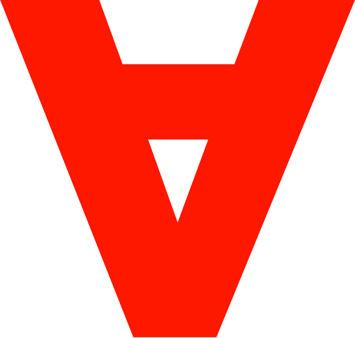 Bold red geometric design shaped like an inverted trapezoid with a smaller downward triangle cutout.