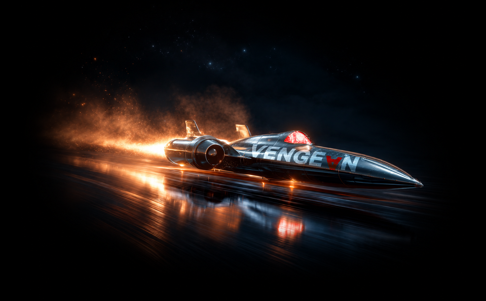 Futuristic black rocket car labeled 'VENGEAN' speeding on a reflective surface with flames and sparks trailing behind.