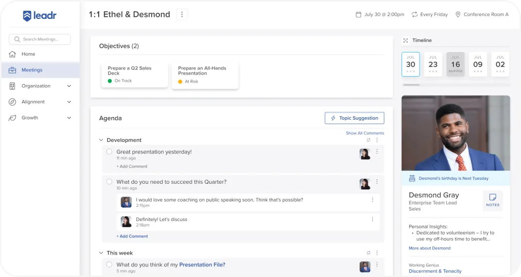 Screenshot of a Leadr meeting interface for Ethel & Desmond, showing objectives (Q2 Sales on track, All Hands at risk), agenda with development topics (great presentation, coaching on public speaking, presentation file review), and Desmond Gray's profile as Enterprise Team Lead with personal insights.